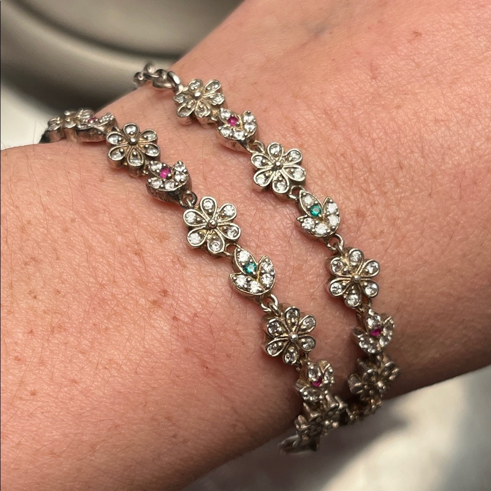 Vintage Sterling Silver & Gemstone Flowers Anklet